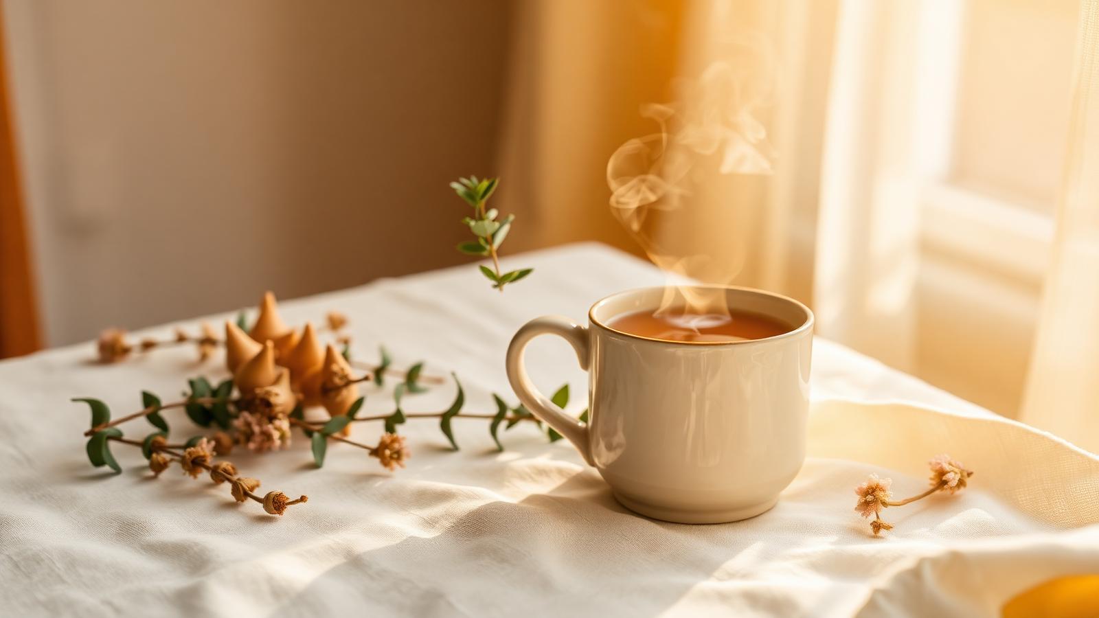 Cena matinal com xícara humeante, flores secas e luz natural